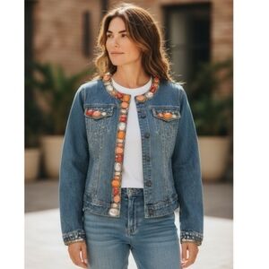 Boston Proper Embellished Jean Jacket with Multicolor Stone Accents